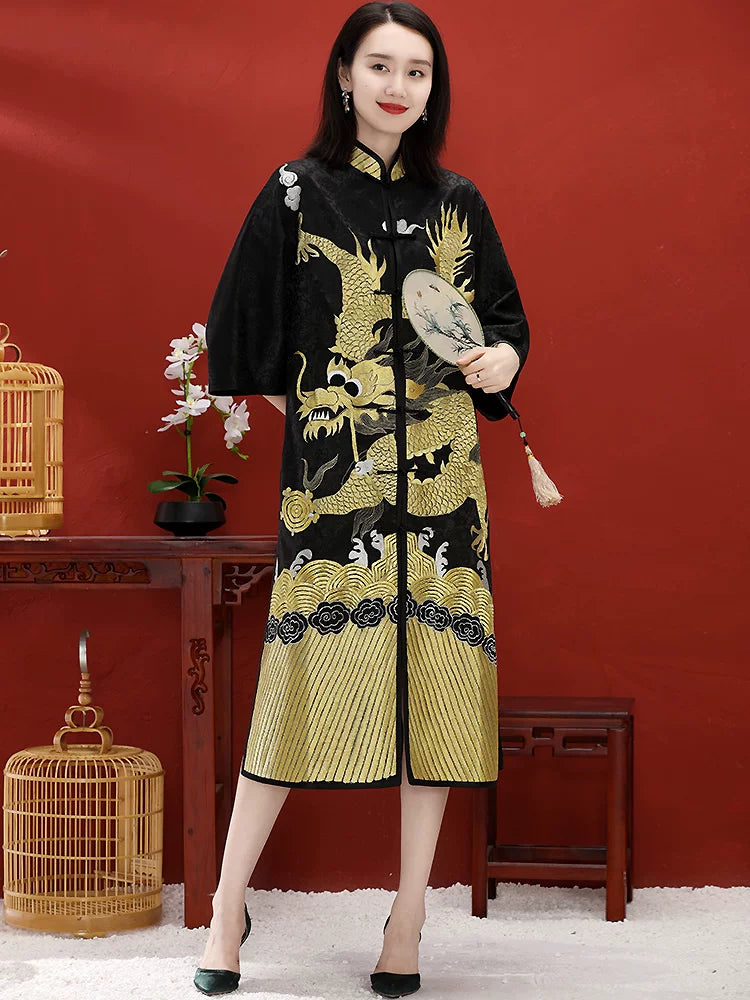Mid-Length Women's Chinese-Style Coat Hand-Embroidered Gold Dragon Black
