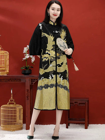 Mid-Length Women's Chinese-Style Coat Hand-Embroidered Gold Dragon Black
