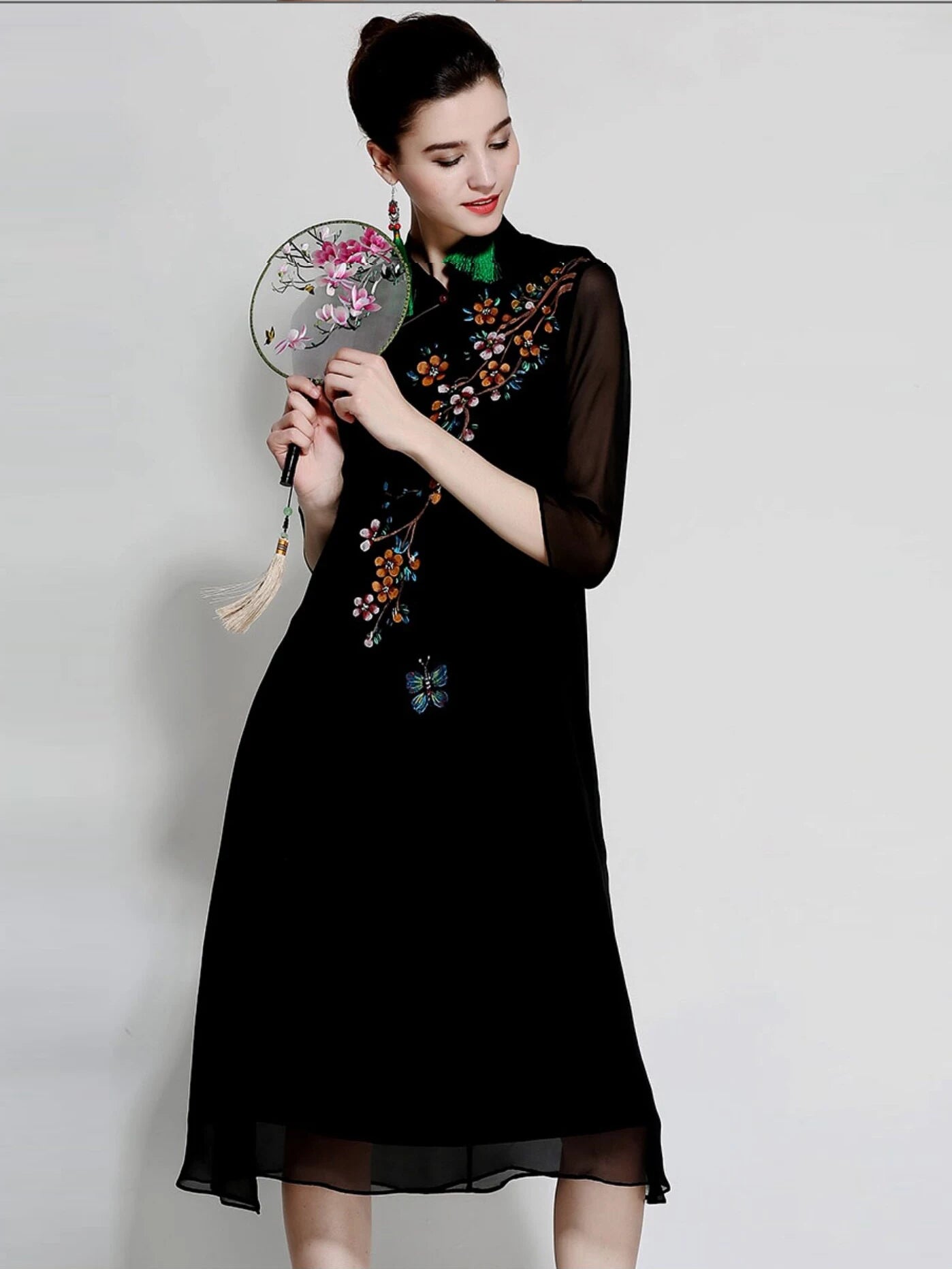 Women Summer Silk Qipao Dress Slim Fit Retro Print