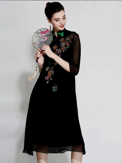 Women Summer Silk Qipao Dress Slim Fit Retro Print