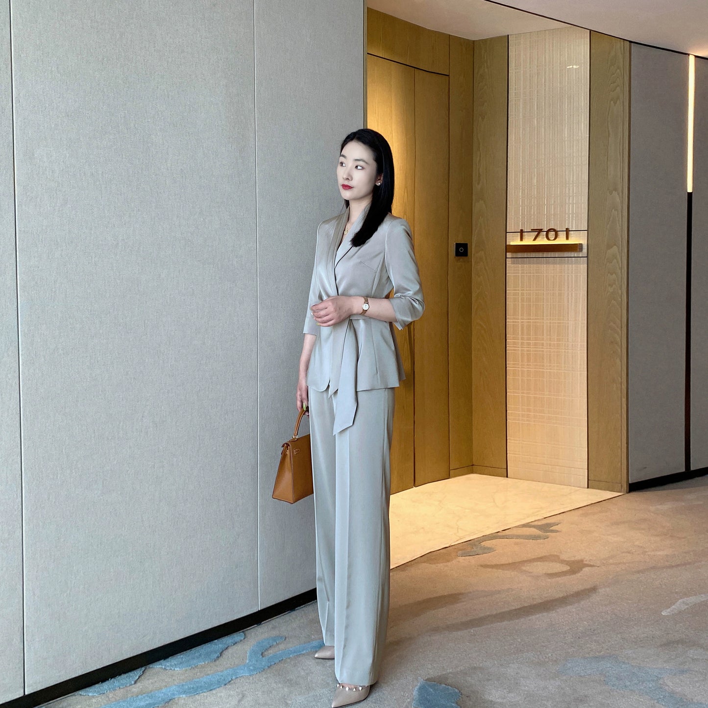 Mustard Polyester Classic Suit Jacket & Trousers Set for Women