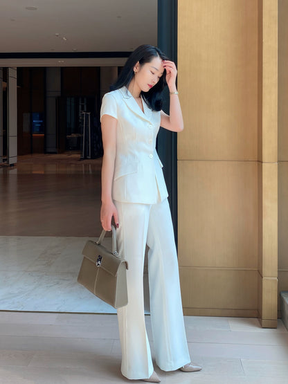 White Flared Summer Trousers with Short Sleeve Blouse