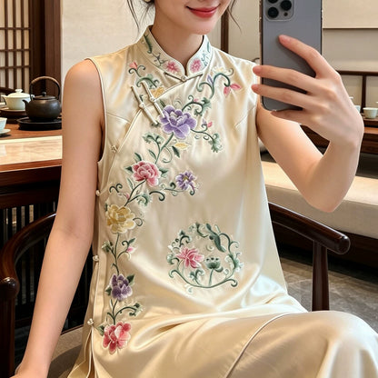 Summer Women’s Acetate Satin Embroidered Vest Slim Fit Stand‑Collar