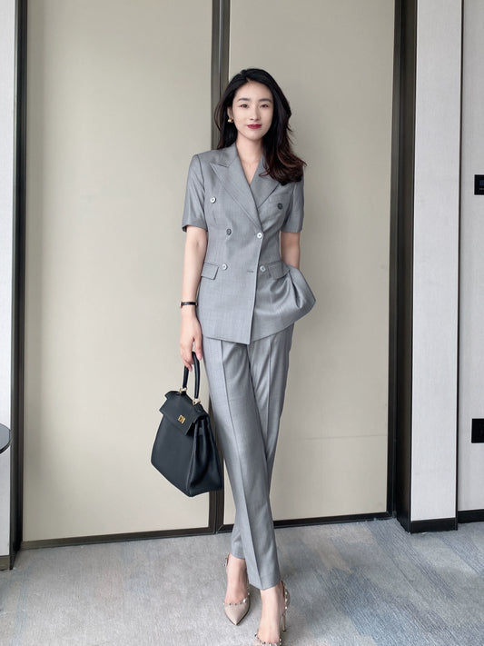 High-End Light Grey Short‑Sleeve Summer Suit Set for Office
