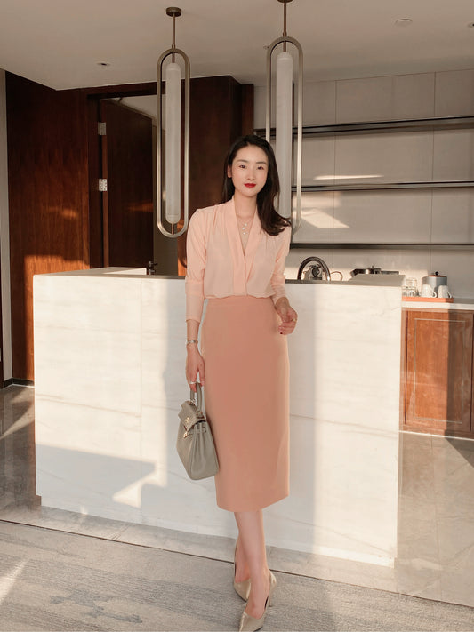 Spring Fuchsia Long-Sleeve V-Neck Loose Fit Elegant Women's Shirt