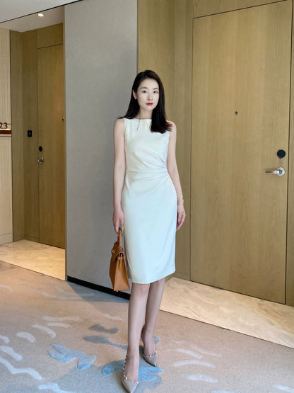 Elegant Off-White Summer Fitted Midi Dress with Hip Detail