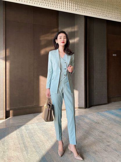 Autumn Slim Fit 3‑Piece Women’s Suit Set in Celadon Blue