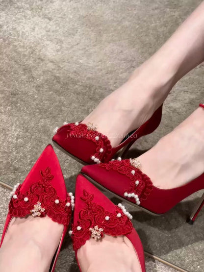 Elegant Classic Red High Heel Shoes Pearl Detail 6cm Heel
