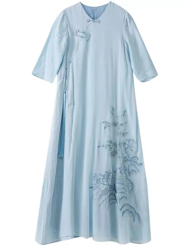 Women’s Summer Retro Cheongsam Dress Embroidered Round Neck