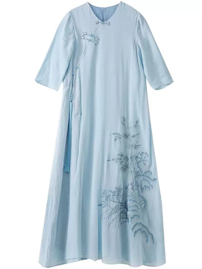 Women’s Summer Retro Cheongsam Dress Embroidered Round Neck