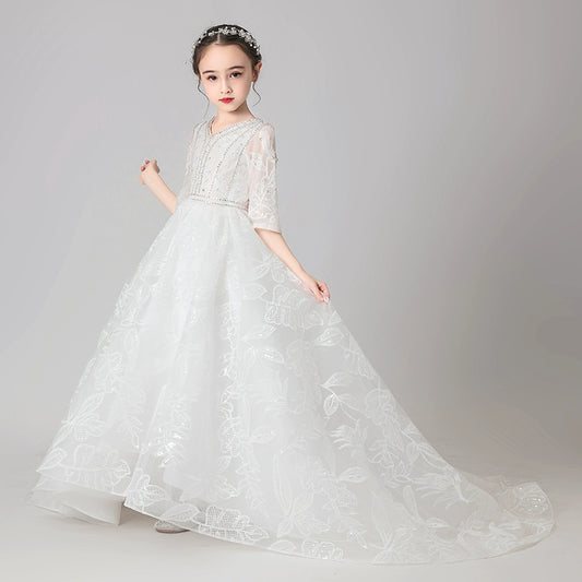 Elegant Flower Girl Dress Extra-Long Wedding Princess Costume Evening Gown