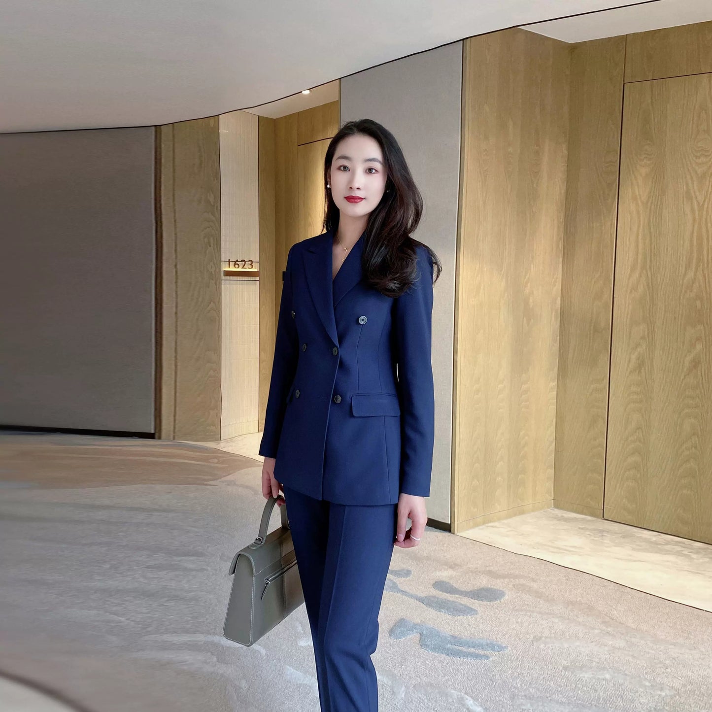 Navy Blue Autumn Fitted Classic Suit with Double-Breasted Jacket