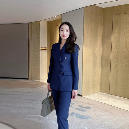 Navy Blue Autumn Fitted Classic Suit with Double-Breasted Jacket