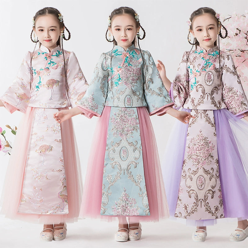 Elite Long Sleeve Children's Hanfu Cheongsam Traditional Wedding Dress Set
