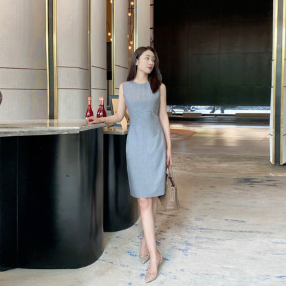 Summer Light Sleeveless Tea Gray Midi Dress for Office
