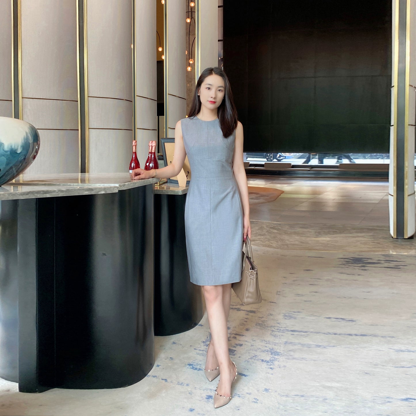 Summer Light Sleeveless Tea Gray Midi Dress for Office