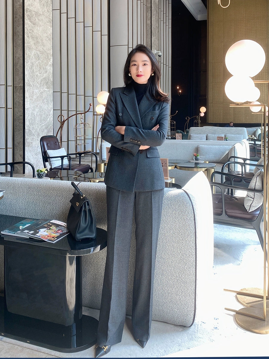 Women's Dark Gray Woolen Suit Jacket and Trousers