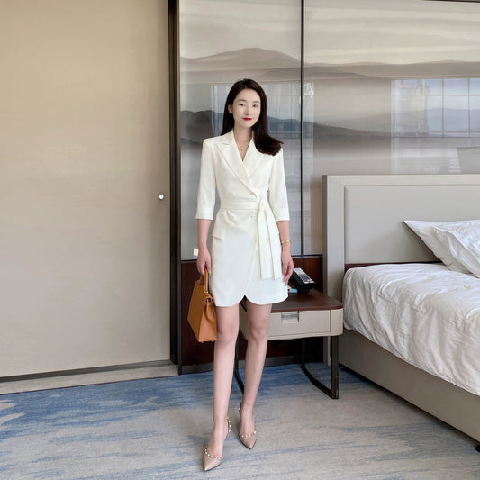 White Summer Classic Suit Jacket with Skirt – Korean Style