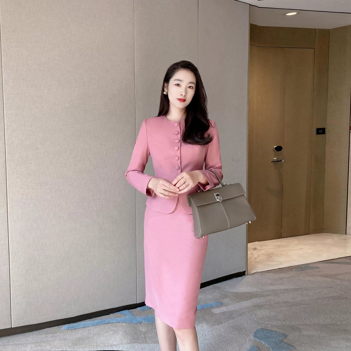 Elegant Rose Pink Suit Skirt Set: Chic Blazer & Slimming Hip Skirt