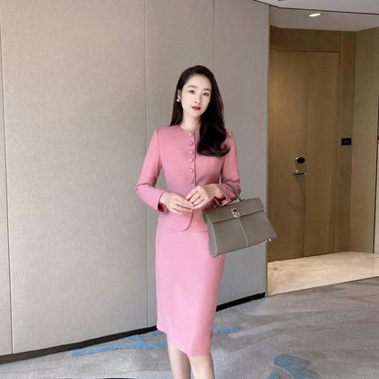 Elegant Rose Pink Suit Skirt Set: Chic Blazer & Slimming Hip Skirt