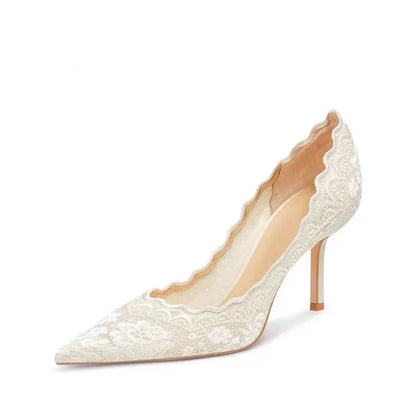 White Lace Wedding Stiletto Heels 8cm For Bride