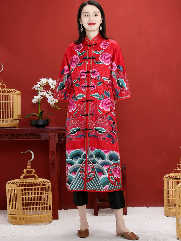 Red Hand‑Embroidered Plus‑Size Chinese‑Style Qipao Dress Spring Autumn