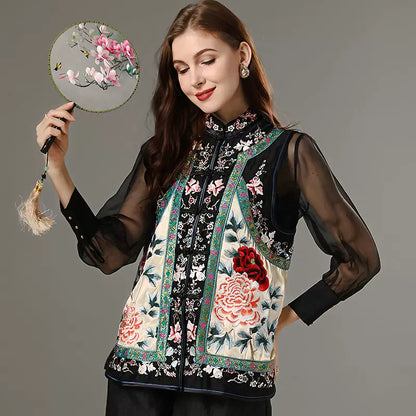 Women's Spring Collared Vest Heavy Embroidery Acetate Satin