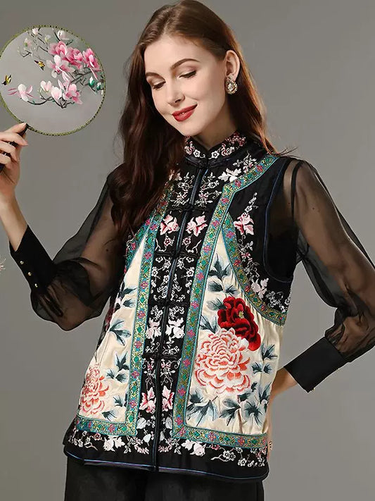 Women's Spring Collared Vest Heavy Embroidery Acetate Satin