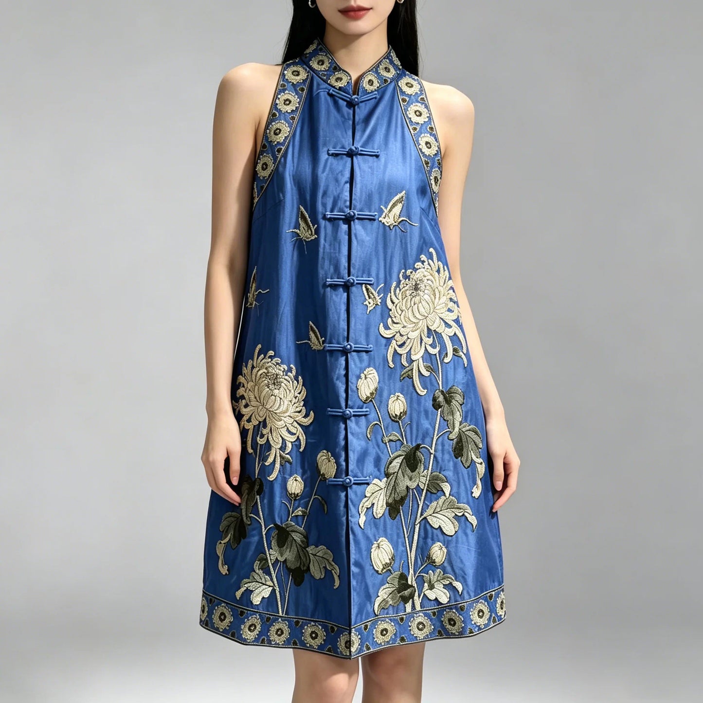 Vintage Chinese Style Tencel Embroidered Mid-Length Plus Size Sleeveless Vest