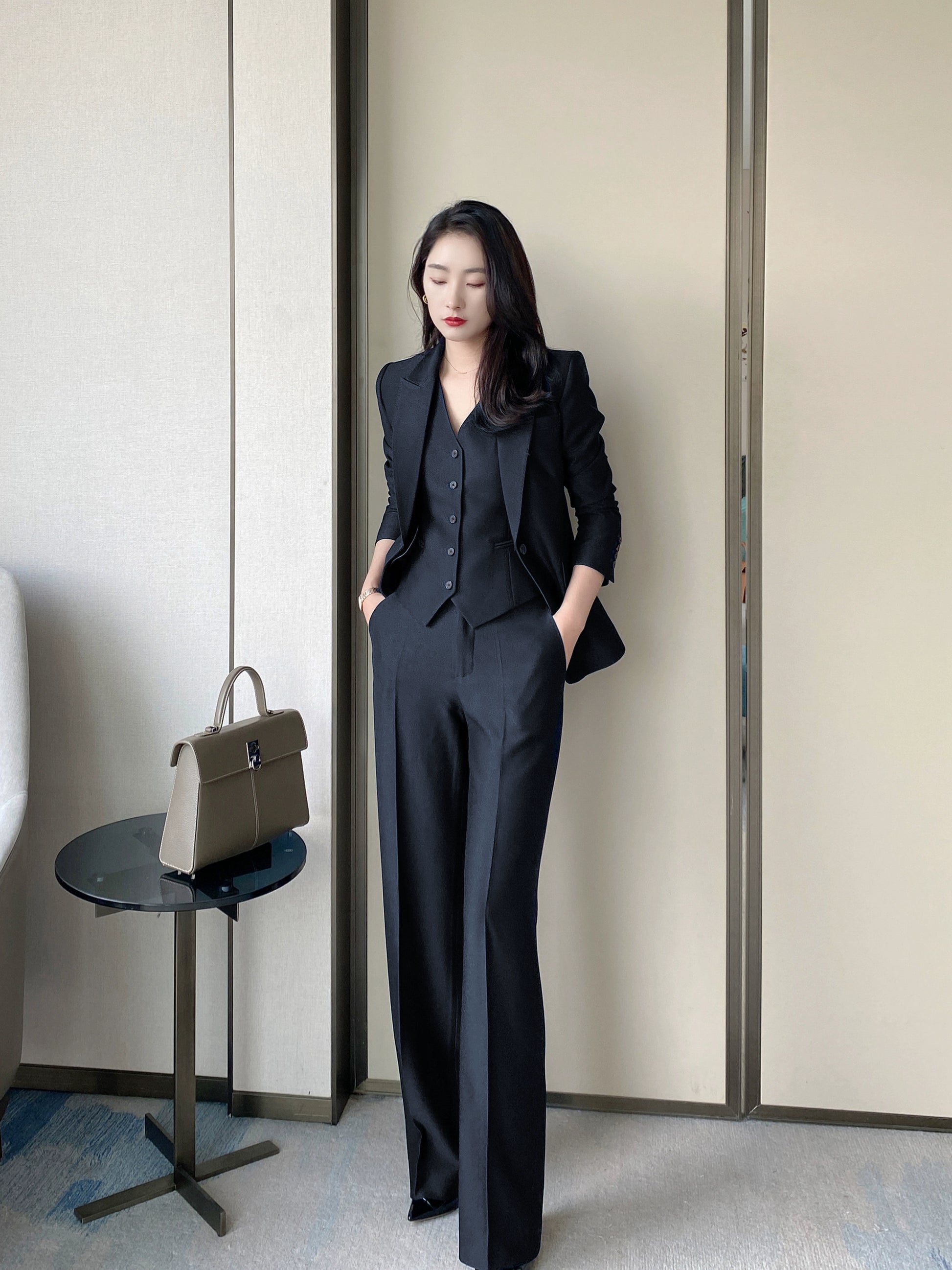 Elegant Black Women's Three-Piece Suit Set Jacket Vest Trousers