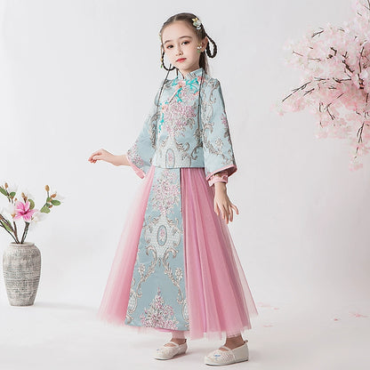 Elite Long Sleeve Children's Hanfu Cheongsam Traditional Wedding Dress Set