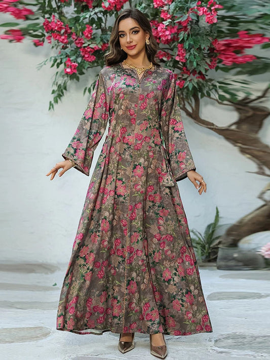 Elegant Ethnic V-Neck Long Dress for Mothers – Floral Print