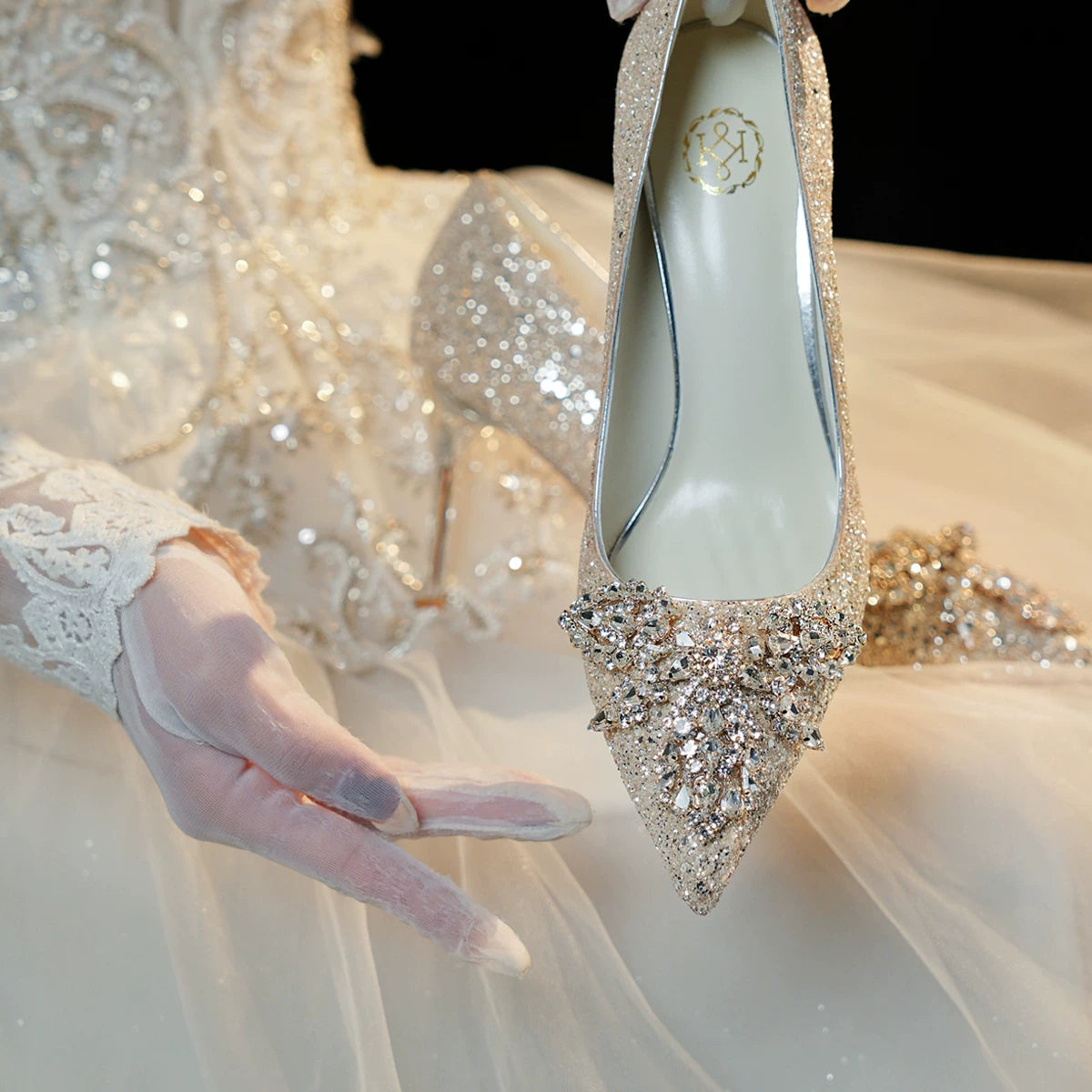 Champagne Gold Bridal Wedding Shoes Two‑Way Crystal High Heel