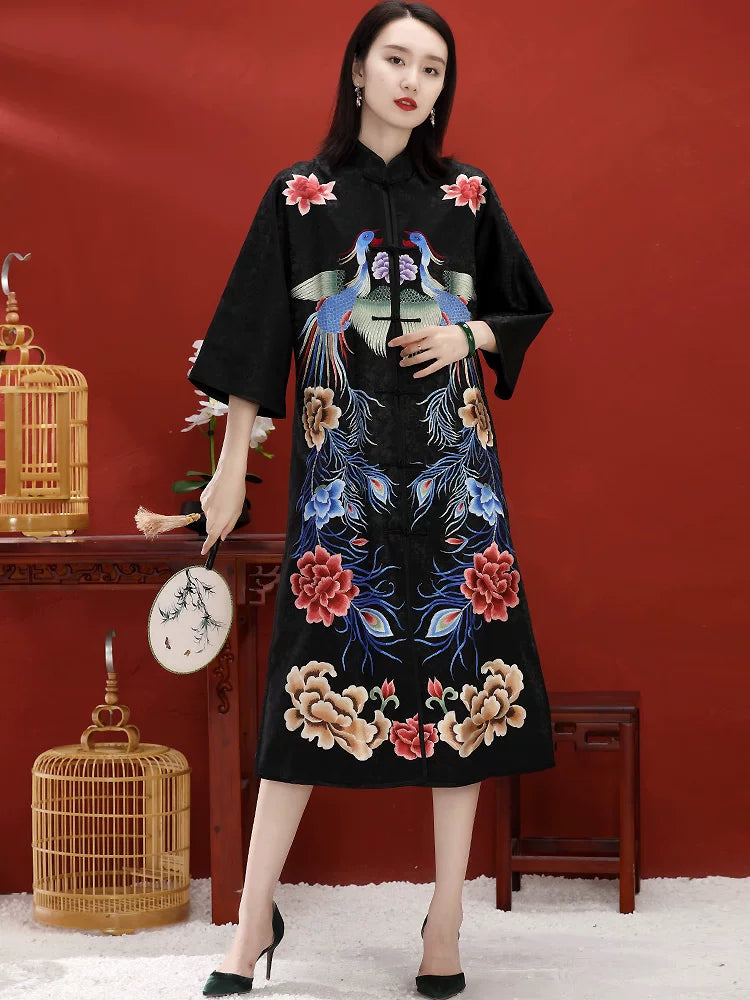 New Chinese Style Women's Mid-Length Jacket With Embroidered Buttons