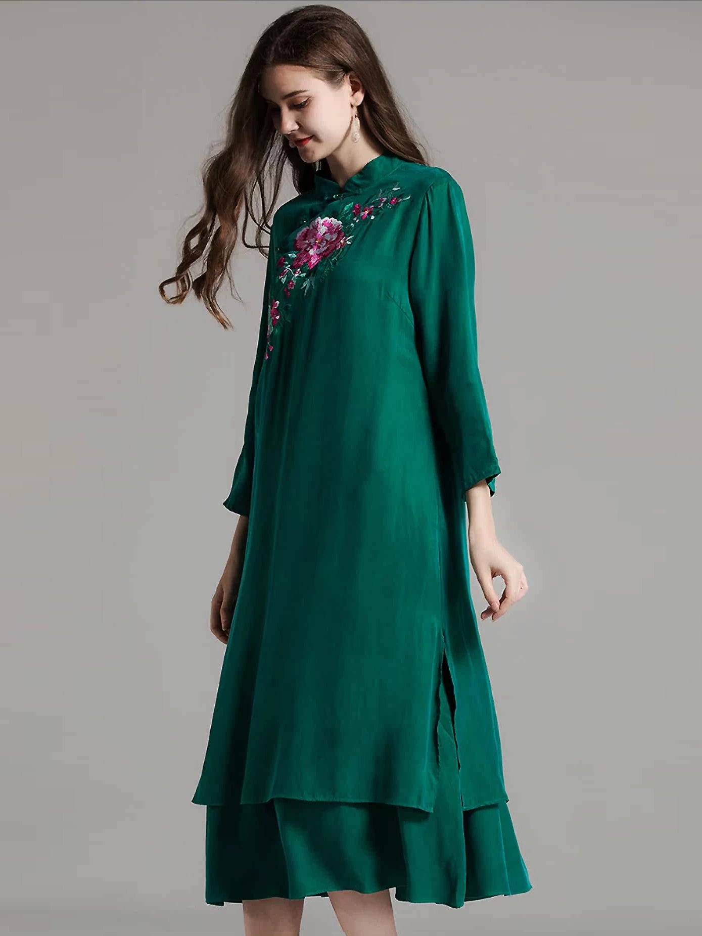 Women's Qipao Dress Silk Blend Dark Green L