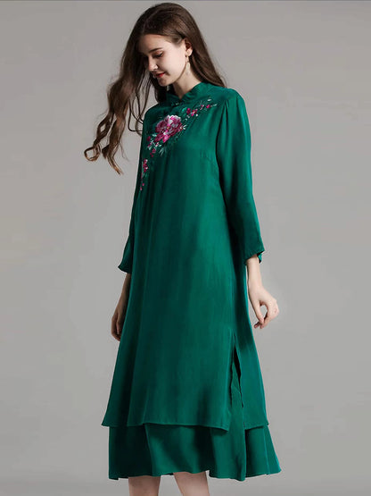 Women's Qipao Dress Silk Blend Dark Green L