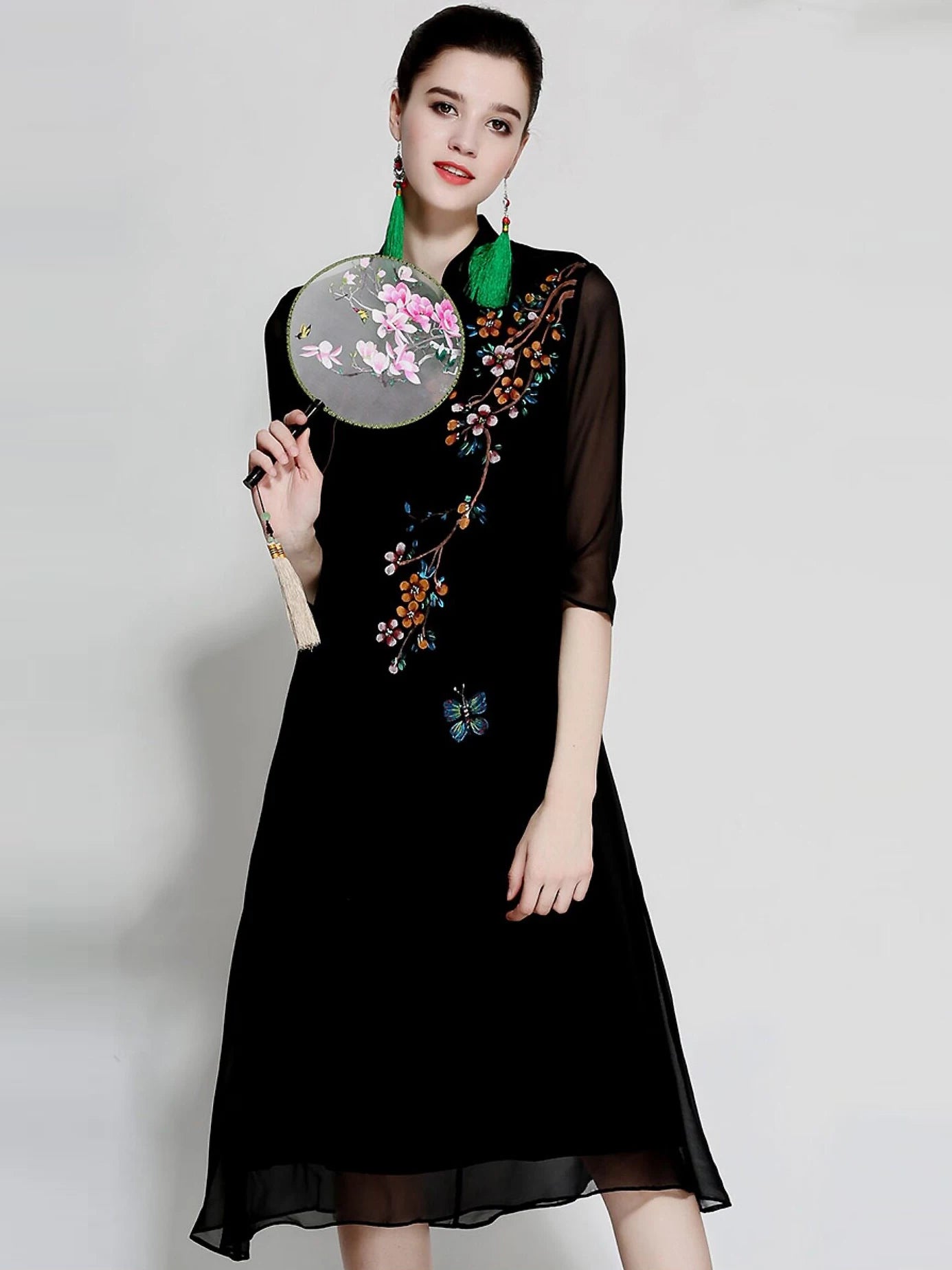Women Summer Silk Qipao Dress Slim Fit Retro Print