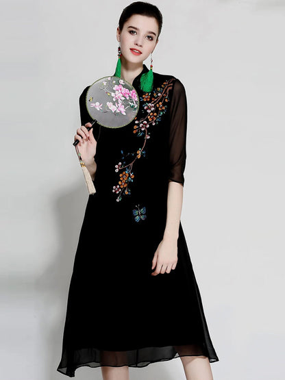 Women Summer Silk Qipao Dress Slim Fit Retro Print