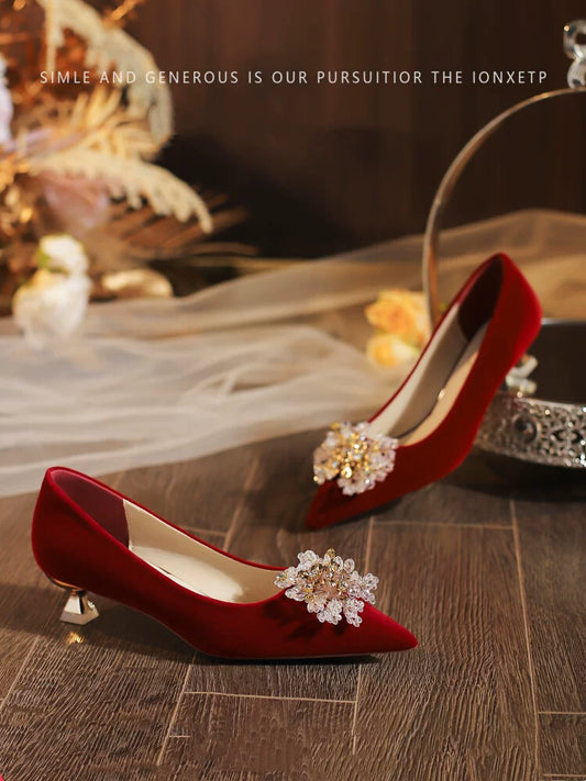 Red Low Heel Wedding Shoes for Brides, Comfortable 3cm