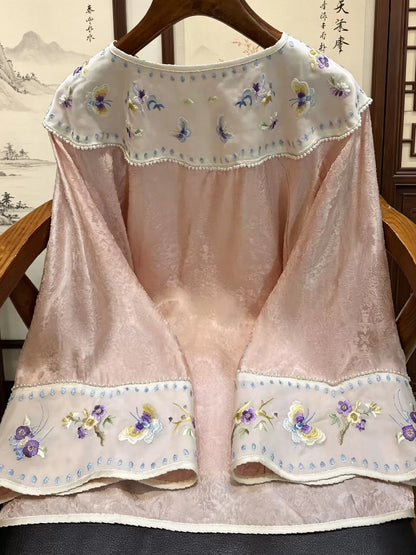 Vintage Women's Open-Front Cardigan with Heavy Embroidery and Cloud Collar
