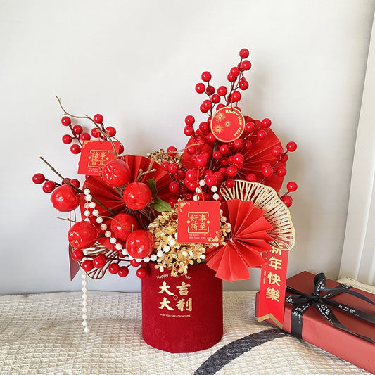 Red New Year Floral Bucket Decorative Arrangement for Home