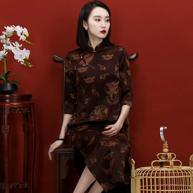 Vintage Chinese Cheongsam Silk Dress with Floral Print High Slit