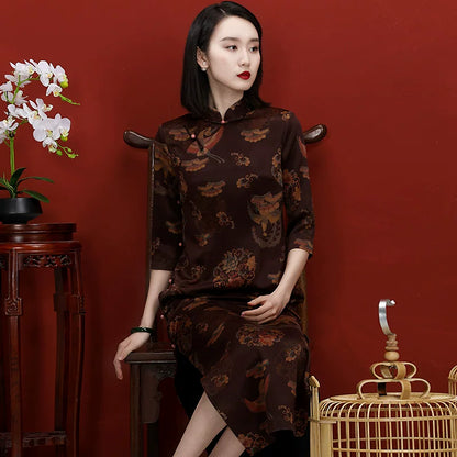 Vintage Chinese Cheongsam Silk Dress with Floral Print High Slit