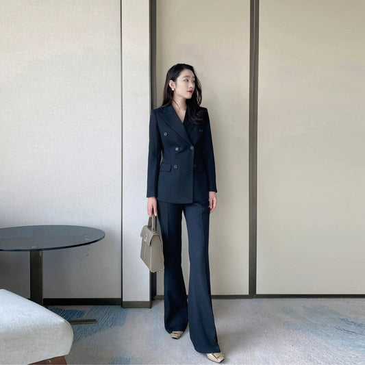 Elegant Black Woolen Winter Suit with Flared Trousers