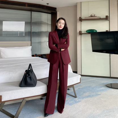 Red One-Button Wool Suit Elegant Wide-Leg Trousers for Women