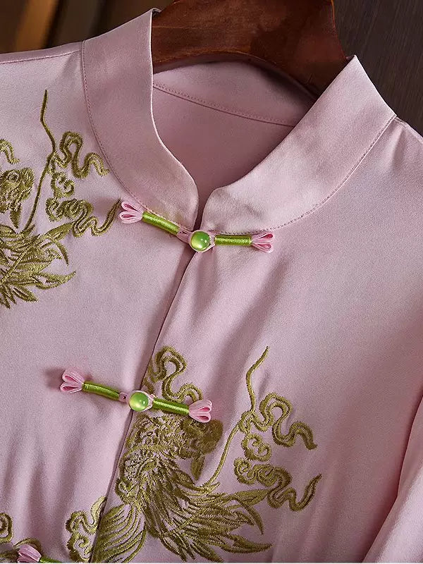 Women's Loose Pink Embroidered Cardigan With Phoenix Design