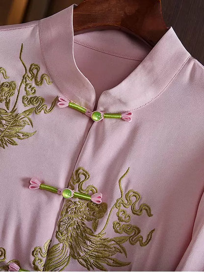 Women's Loose Pink Embroidered Cardigan With Phoenix Design