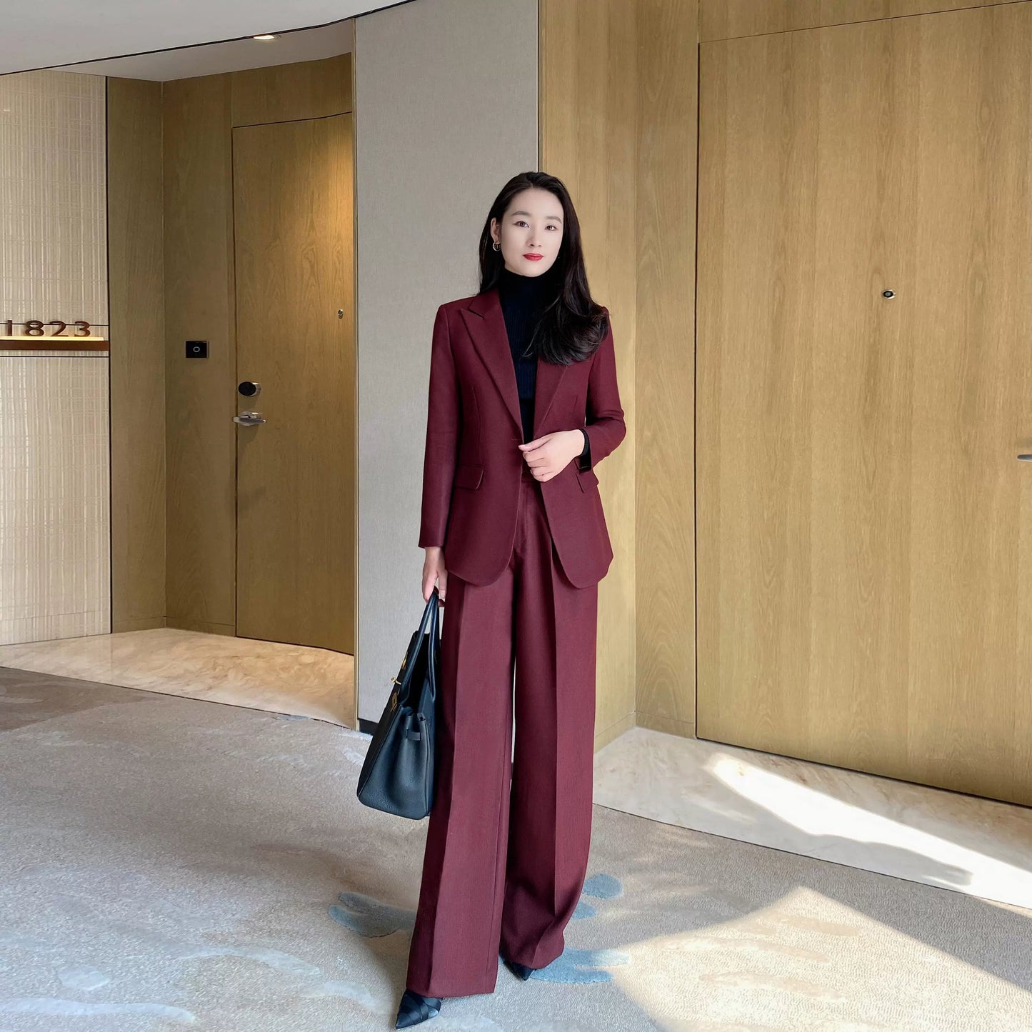 Red One-Button Wool Suit Elegant Wide-Leg Trousers for Women