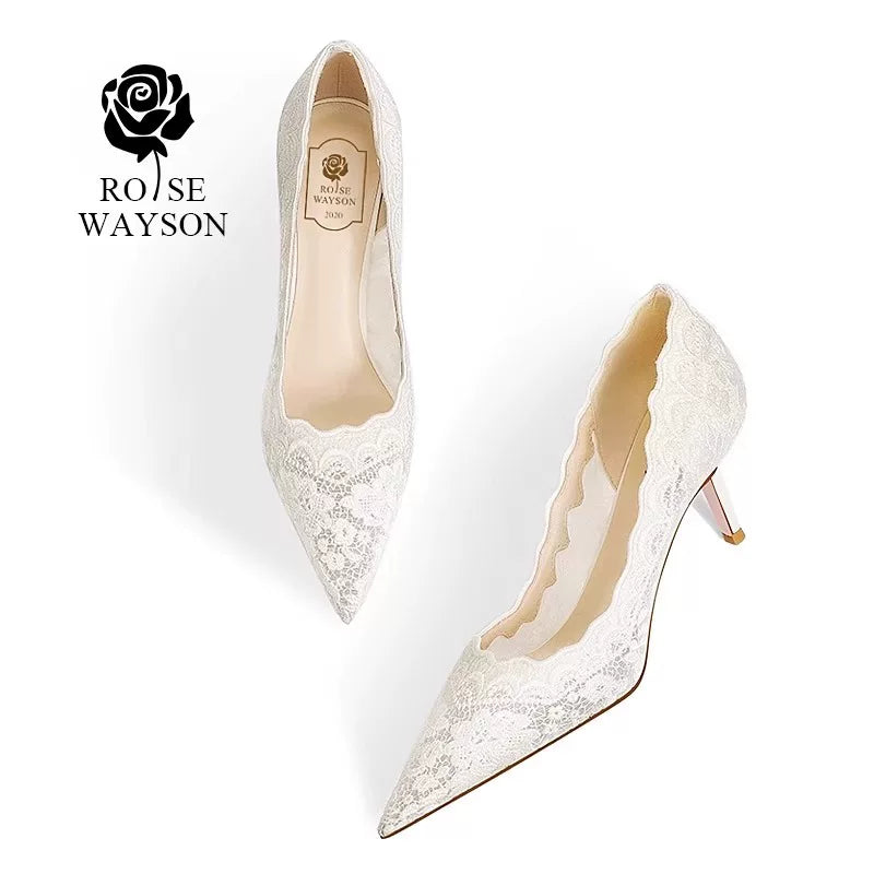 White Lace Wedding Stiletto Heels 8cm For Bride
