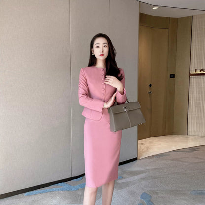 Elegant Rose Pink Suit Skirt Set: Chic Blazer & Slimming Hip Skirt